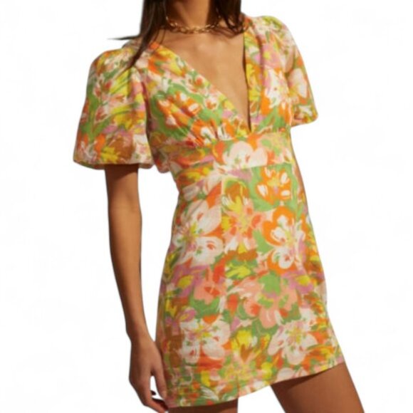 Showpo Taurina Mini Dress Women's Floral Paneled Plunge Puff Sleeve Whimsy 8 - Picture 1 of 8